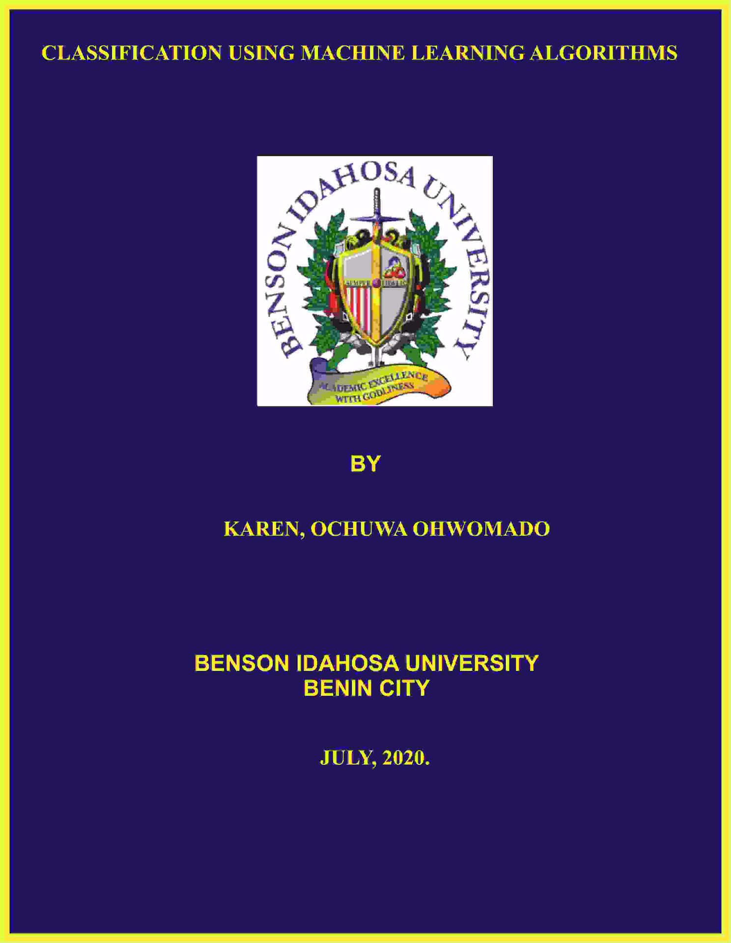 CLASSIFICATION USING MACHINE LEARNING ALGORITHMS cover