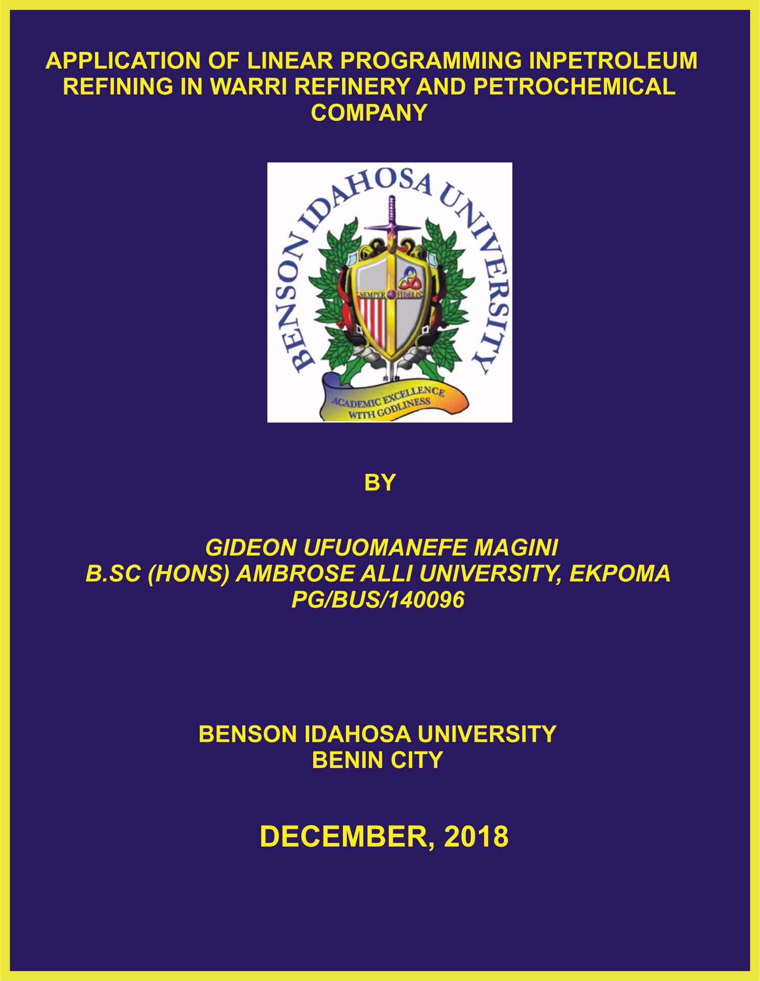 APPLICATION OF LINEAR PROGRAMMING INPETROLEUM REFINING IN WARRI REFINERY AND PETROCHEMICAL COMPANY cover