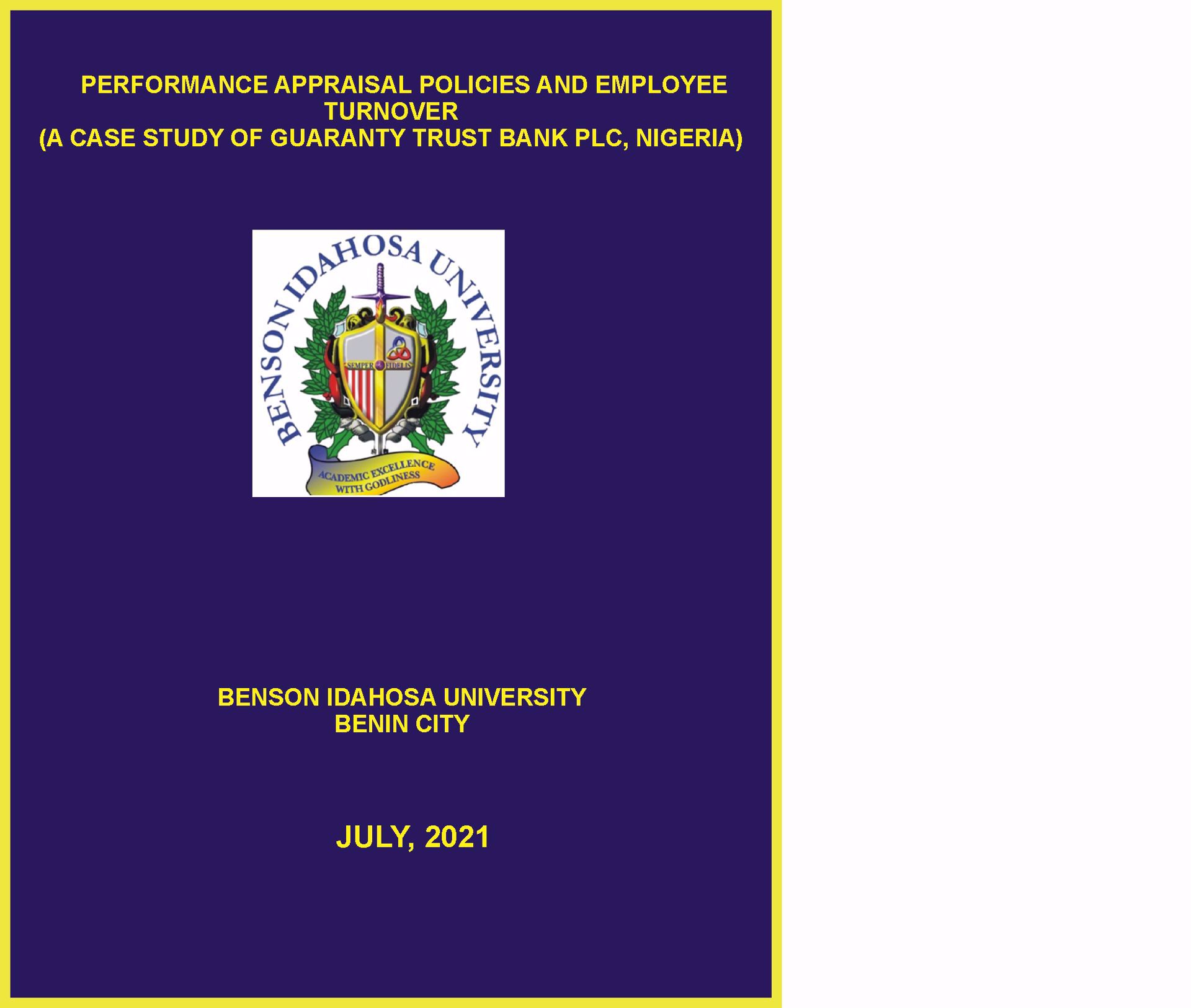 PERFORMANCE APPRAISAL POLICIES AND EMPLOYEE TURNOVER  (A CASE STUDY OF GUARANTY TRUST BANK PLC, NIGERIA) cover